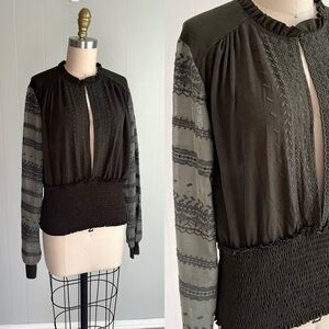 BKE Gimmicks Olive Green Cutout Blouse Top Stretchy Sheer Sleeves Smocking Boho‎